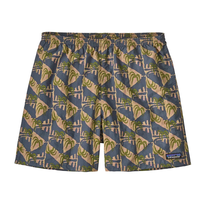Patagonia surf shorts with palm tree print, blue and green pattern