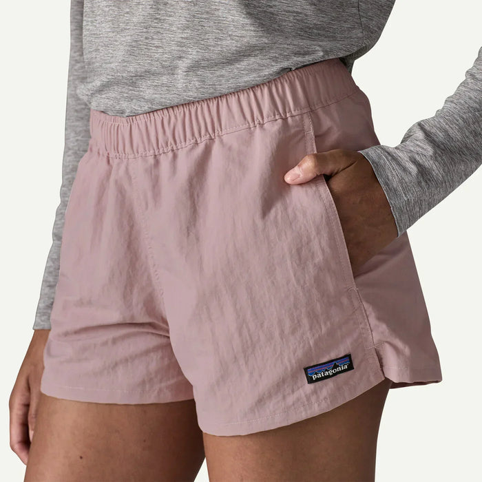 Patagonia Barely Baggies women’s watersports shorts in quiet violet, elastic waist, logo patch