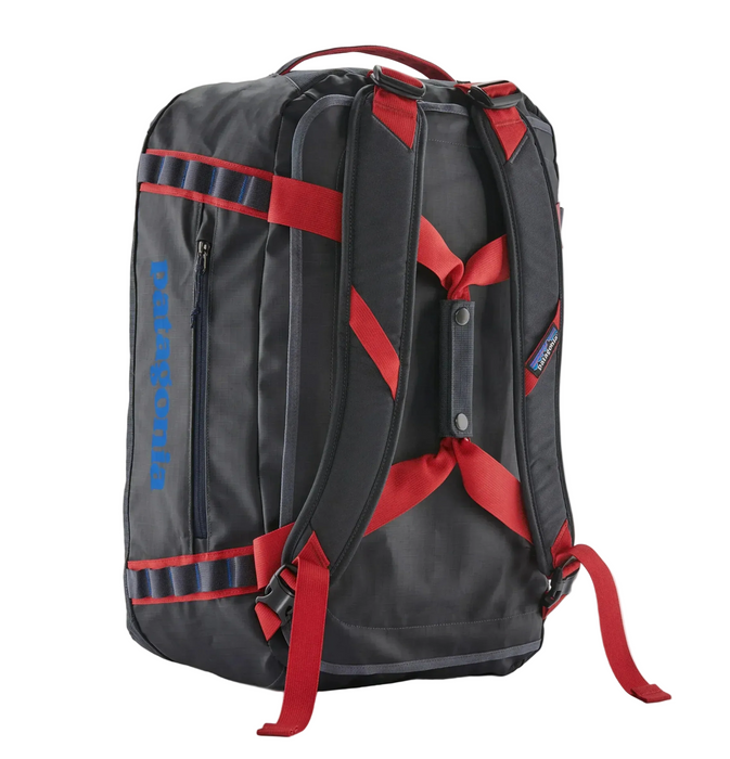 Black and red backpack with visible patagonia brand logos on a white background