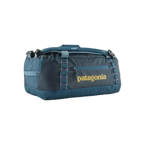 Blue duffel bag with Patagonia logo on a white background