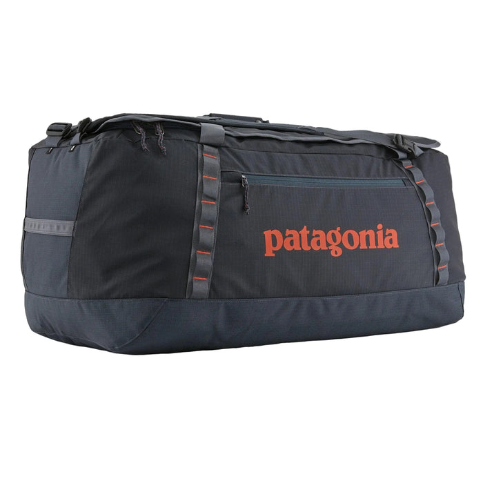 Black duffel bag with Patagonia logo on a white background