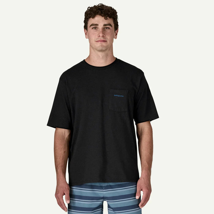 Patagonia black pocket t-shirt with blue logo, men's surf clothing, striped boardshorts
