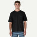 Patagonia black pocket t-shirt with blue logo, men's surf clothing, striped boardshorts