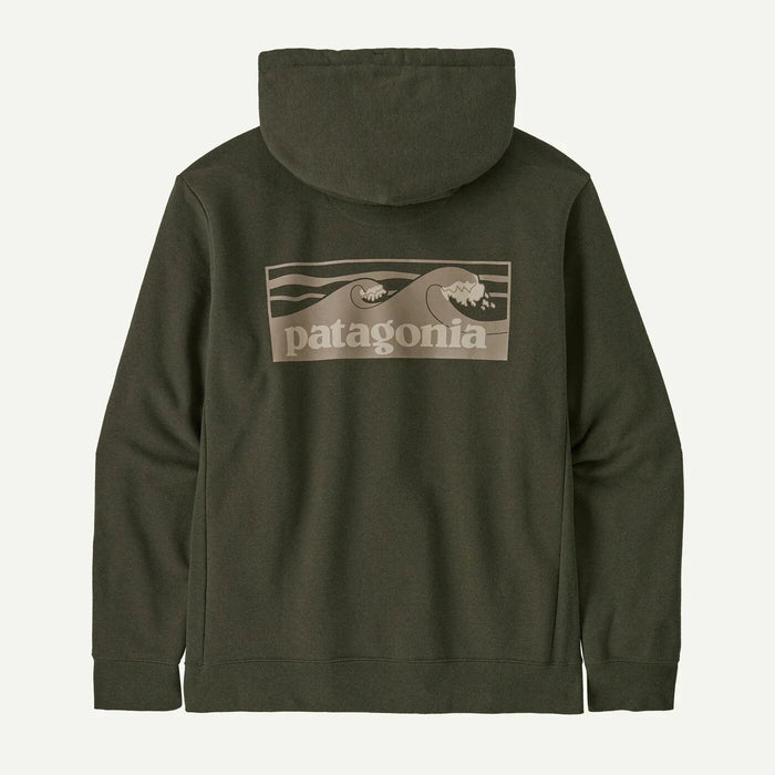 Patagonia basin green surf hoodie with wave graphic and logo on back, watersports clothing