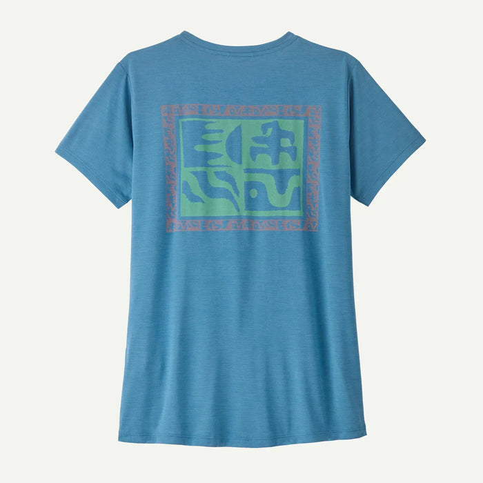 Patagonia Capilene Cool Daily Shirt in light blue with abstract back graphic, surf clothing