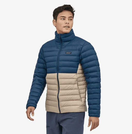 Patagonia Nano Puff Jacket in blue and beige, lightweight insulated outerwear for watersports
