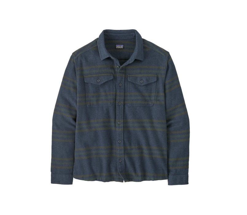 Patagonia striped long-sleeve shirt for watersports, navy with green stripes