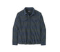 Patagonia striped long-sleeve shirt for watersports, navy with green stripes