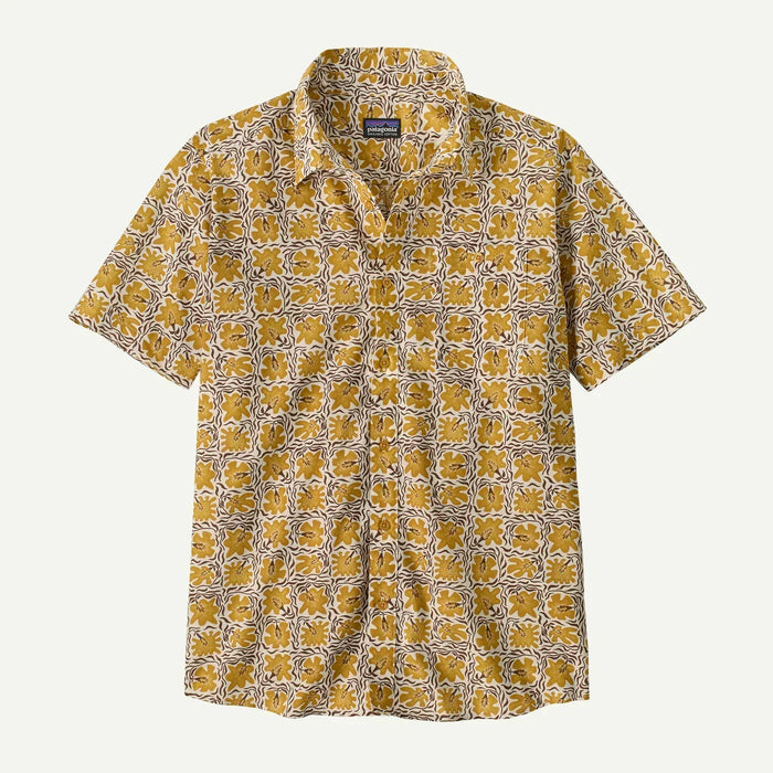 Patagonia short sleeve shirt, yellow floral geometric print, casual surf clothing