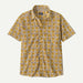 Patagonia short sleeve shirt, yellow floral geometric print, casual surf clothing