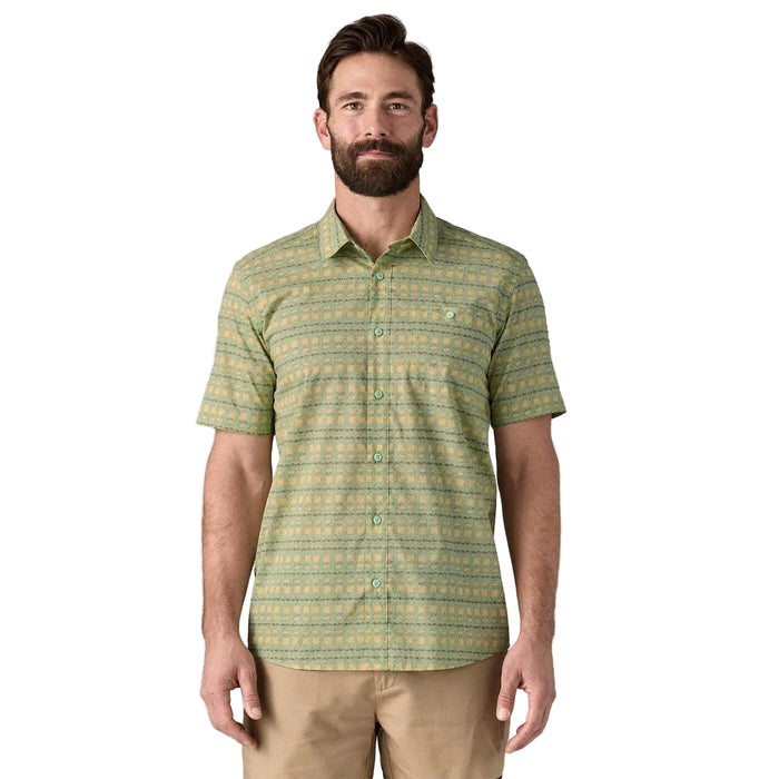 Patagonia green short sleeve button-up shirt with geometric pattern, men's surf clothing