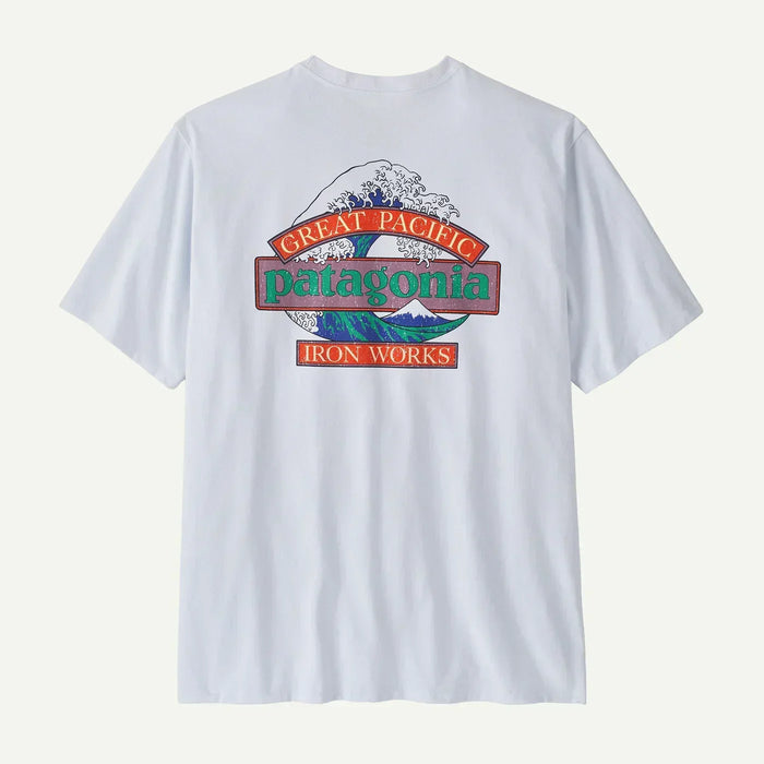 Patagonia white surf tee with Great Pacific Iron Works wave graphic on back