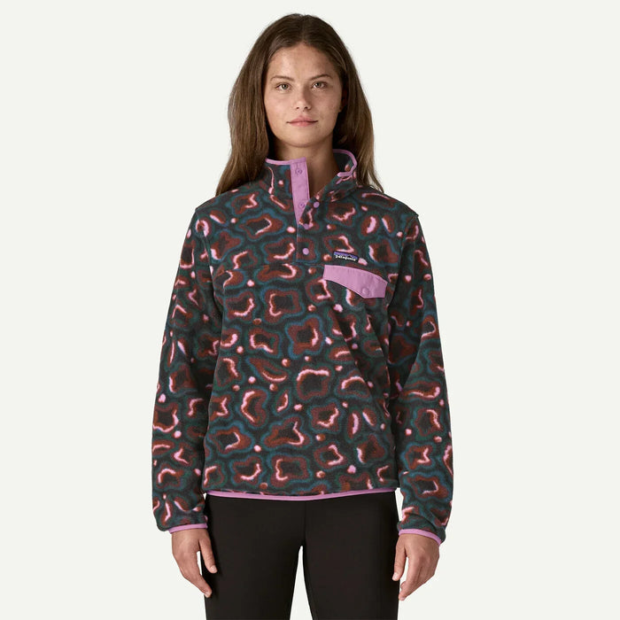 Patagonia fleece pullover with abstract pink and green pattern, snap collar, and chest pocket