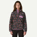 Patagonia fleece pullover with abstract pink and green pattern, snap collar, and chest pocket