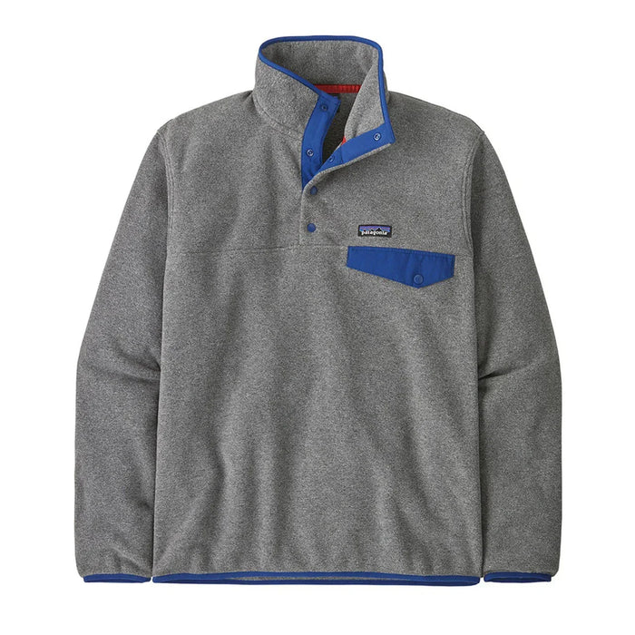 Patagonia grey fleece pullover with blue snap collar and chest pocket, surf clothing