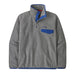 Patagonia grey fleece pullover with blue snap collar and chest pocket, surf clothing