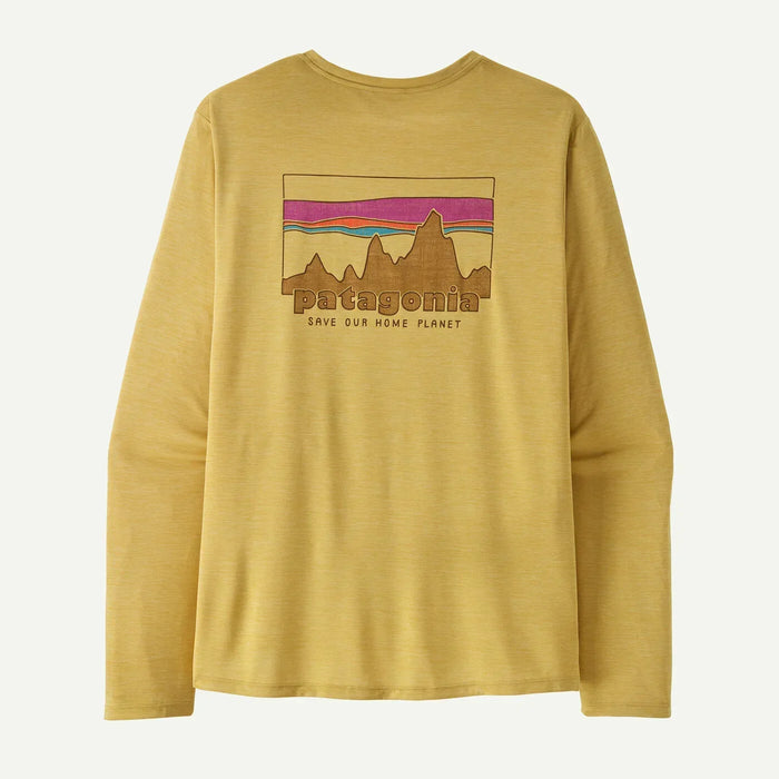 Patagonia long-sleeve Capilene shirt in yellow with mountain graphic and text on back