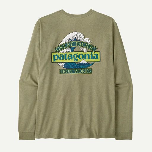 Patagonia long sleeve green surf tee with Great Pacific wave graphic on back