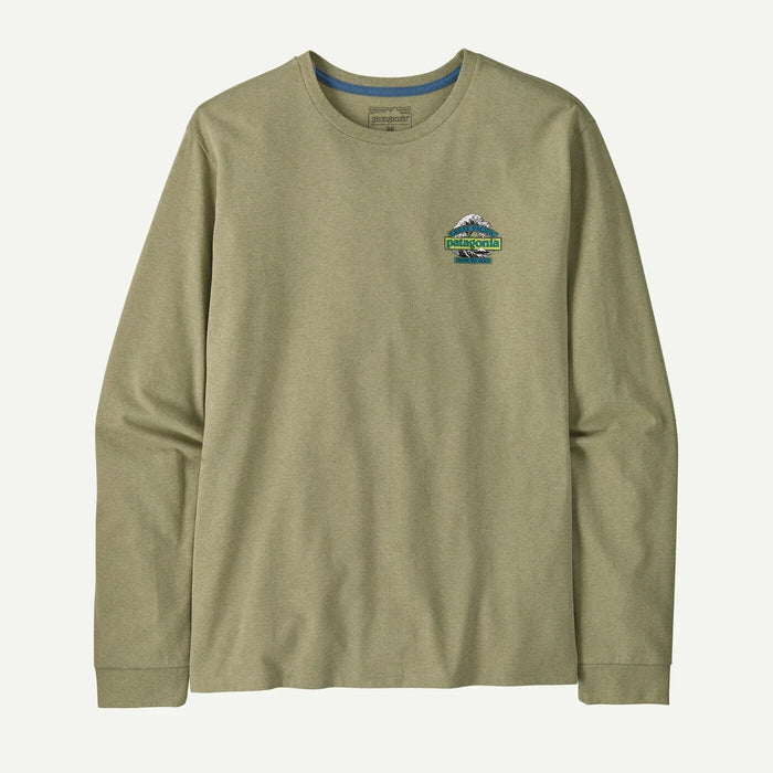 Patagonia gumtree green long-sleeve surf T-shirt with mountain and wave logo