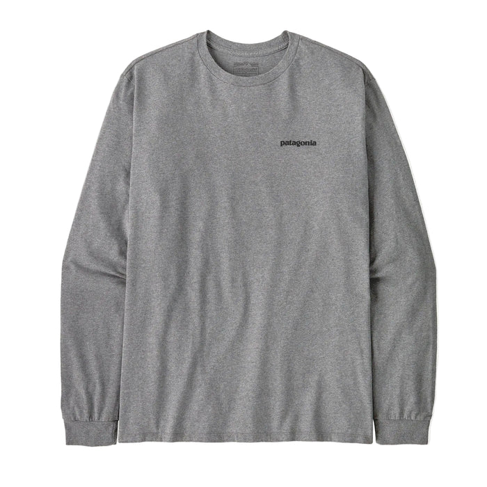 front shot of Patagonia Long Sleeved P-6 Logo Responsibili-Tee Gravel Heather