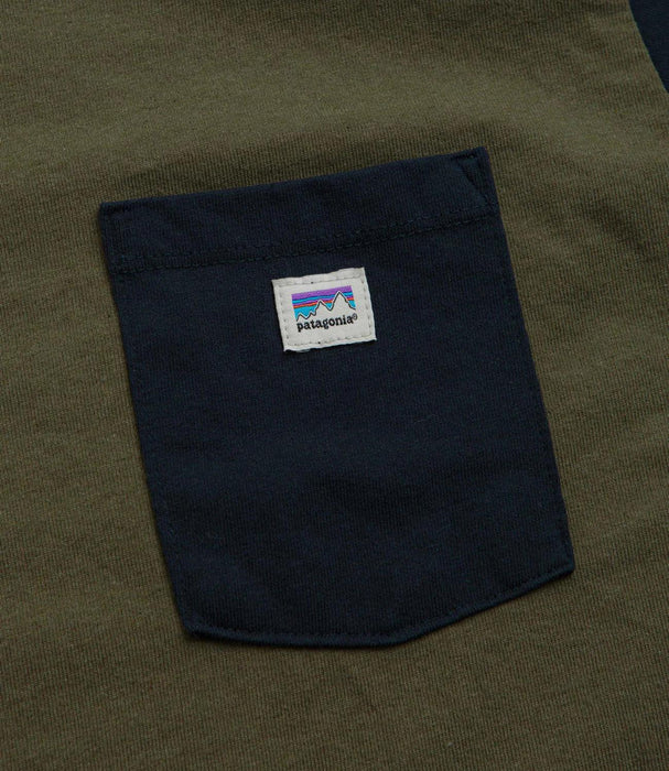 Patagonia long sleeve tee tent green with navy chest pocket and logo patch