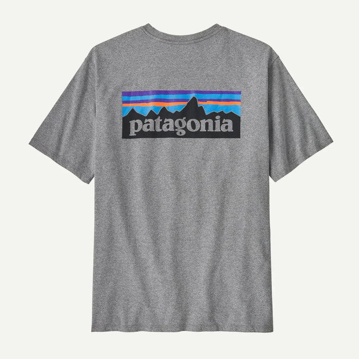 Patagonia grey t-shirt with P-6 mountain logo, outdoor and surf clothing