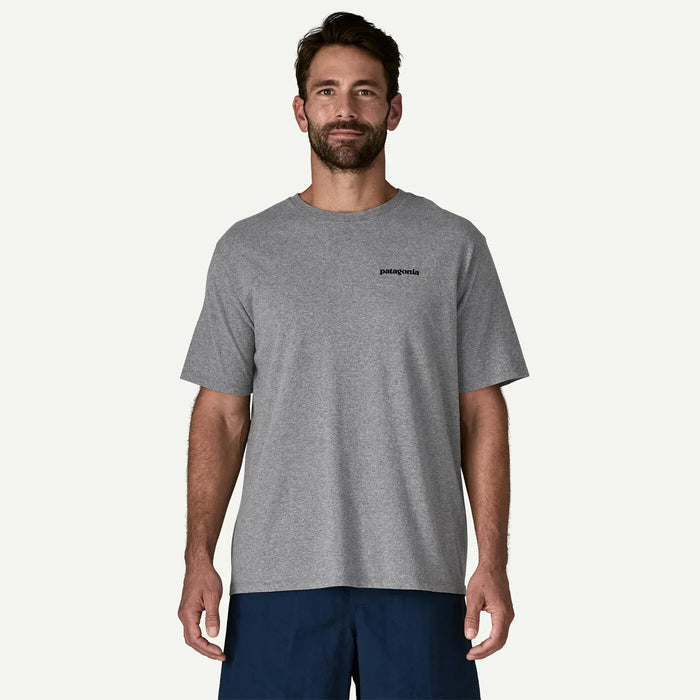 Patagonia grey short sleeve t-shirt with logo, surf clothing for watersports