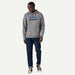 Patagonia grey P-6 Logo hoody with front pocket and graphic, worn by a man