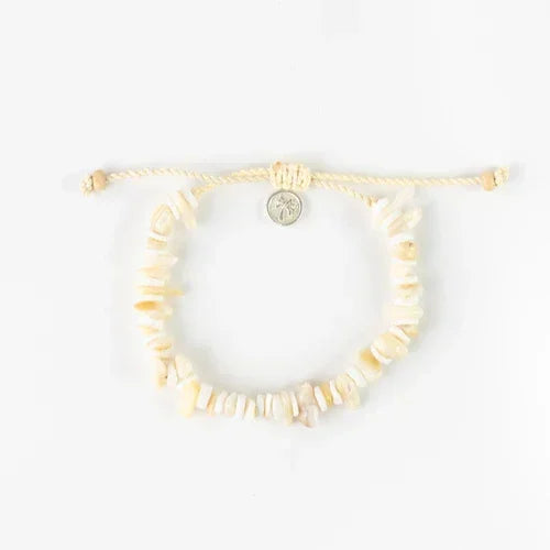 Natural shell bracelet set with cream adjustable cord and metallic charm