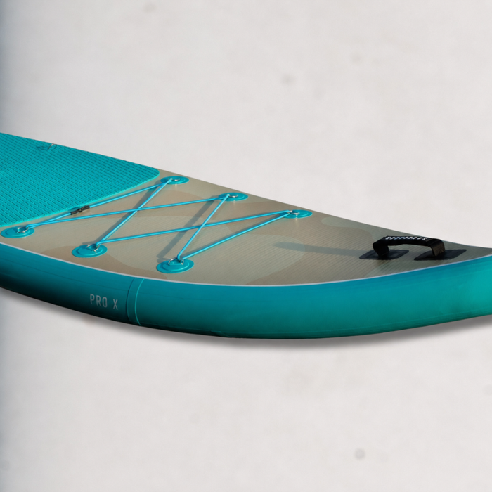 Pro X Agadir inflatable paddle board front bungee storage for carrying gear and dry bags