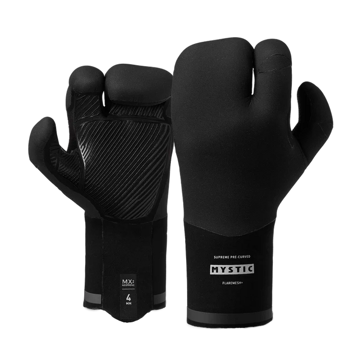 Mystic Supreme 4mm lobster wetsuit gloves in black, front and back view