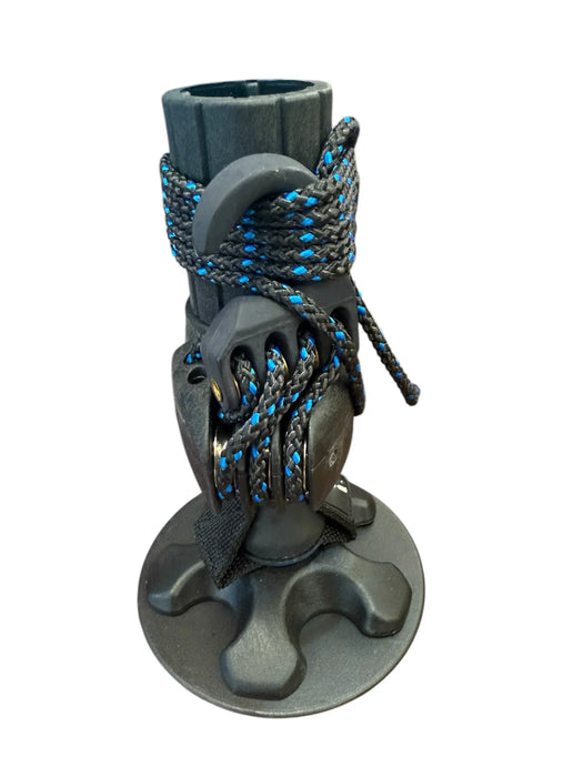 Prolimit windsurf mast foot SDM deck plate, black with blue-accented rope, watersports accessory