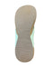 Women's flip flop with pale banana yellow textured sole and mint green straps, shown from sole