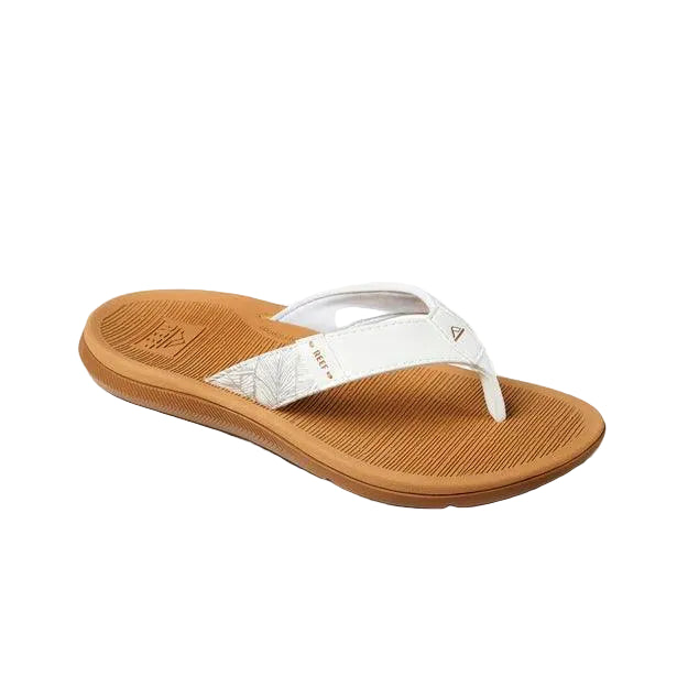 Reef Santa Ana flip flop sandal with white strap and tan sole, surf clothing footwear