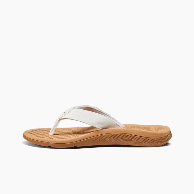 Reef Santa Ana flip flop sandal with white strap and tan sole, side view