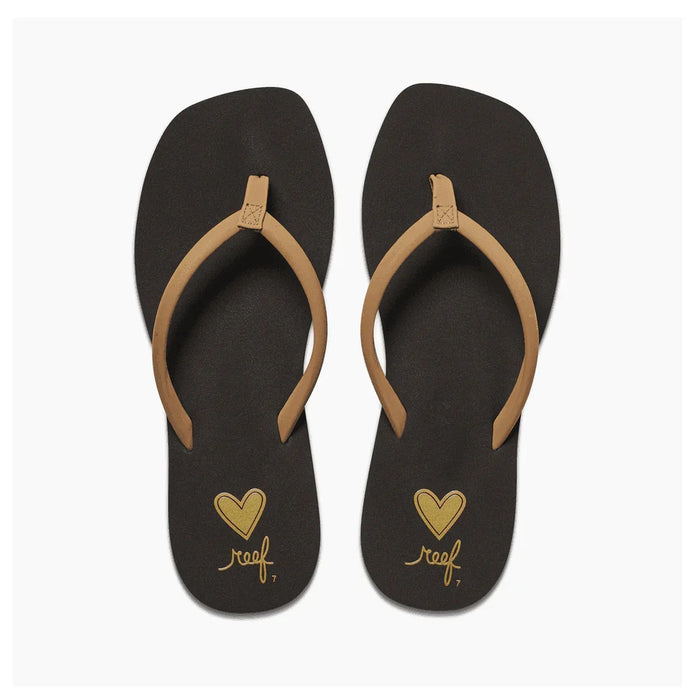 Reef Seas Ladies Flip Flops Cocoa, brown base with tan straps and heart logo design