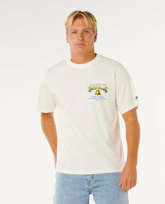 Rip Curl white Bells Beach Pro logo tee for men, short-sleeve surf t-shirt, front print design