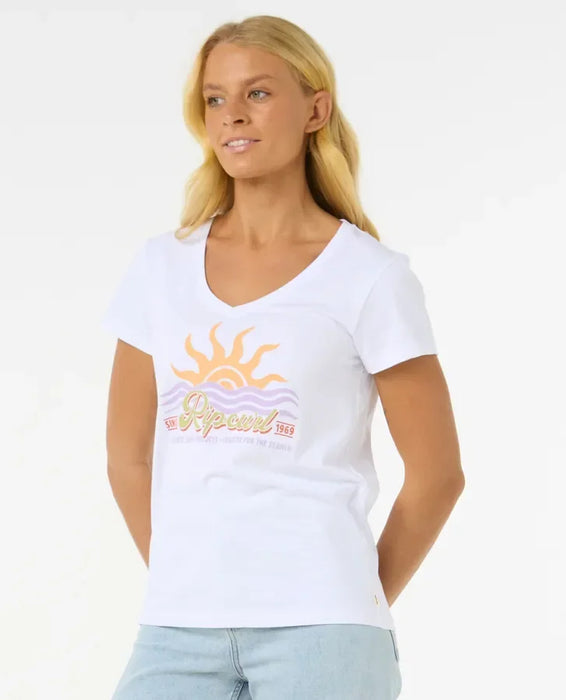 Rip Curl Cala V-neck tee, white, with sun and wave graphic, surf clothing