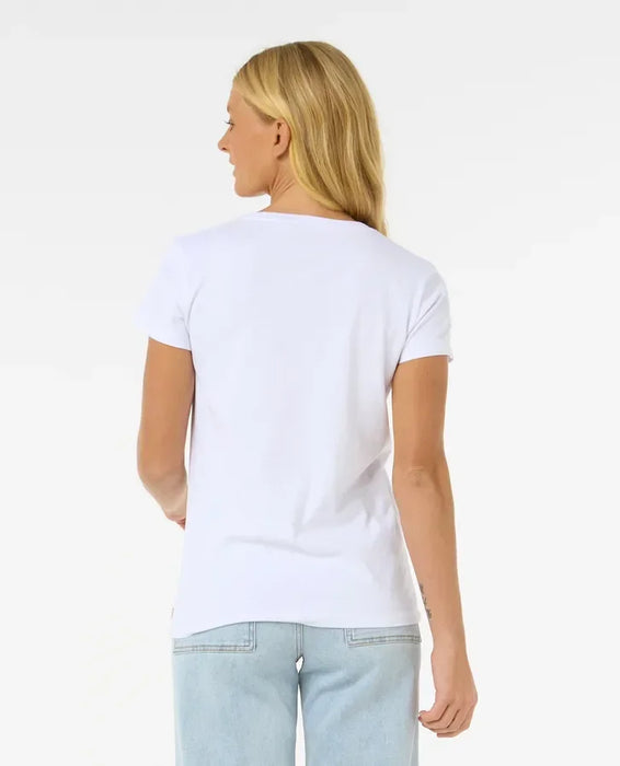 Rip Curl white V-neck tee, short sleeve surf clothing, worn by woman, back view