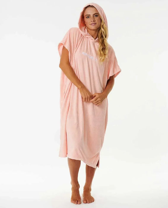 Rip Curl peach hooded surf towel poncho for women, perfect for changing after watersports