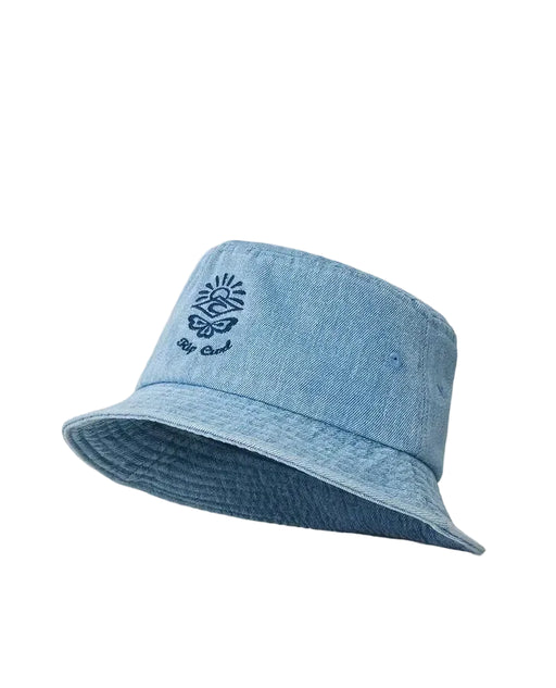 Rip Curl light blue denim bucket hat with embroidered sun, wave, and butterfly logo