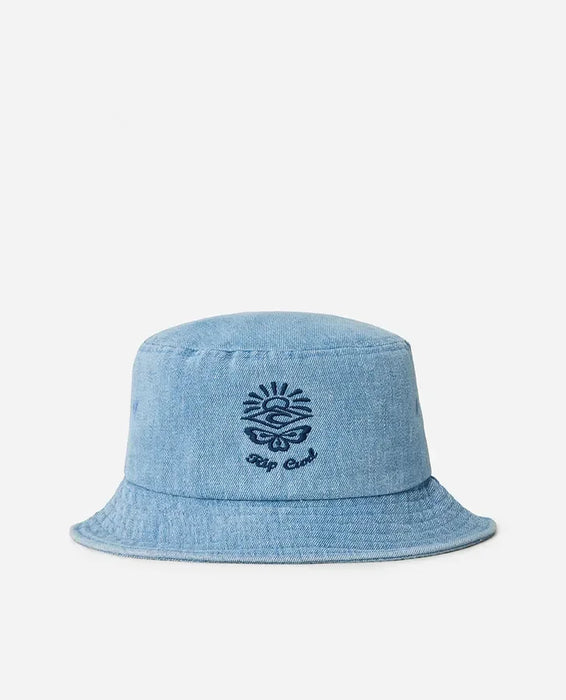 Rip Curl denim bucket hat with short brim, light blue, embroidered logo front