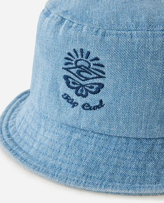 Rip Curl denim bucket hat with embroidered sun and wave logo, light blue surf accessory