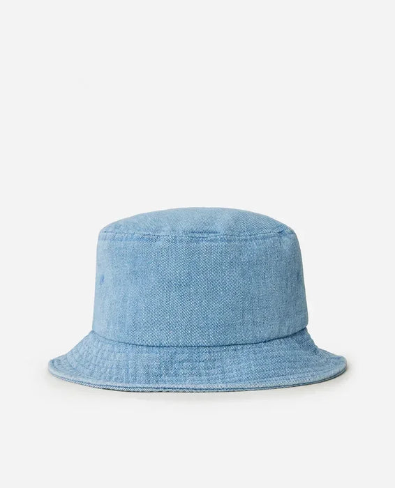 Rip Curl light blue denim bucket hat with short brim, surf clothing accessory