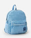 Rip Curl distressed light blue denim backpack with front pocket and logo, surf clothing accessory.