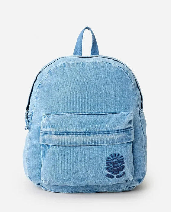 Rip Curl distressed light blue denim backpack with front logo, surf clothing accessory
