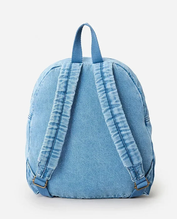 Rip Curl light blue distressed denim backpack with adjustable straps, rear view