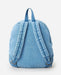 Rip Curl light blue distressed denim backpack with adjustable straps, rear view