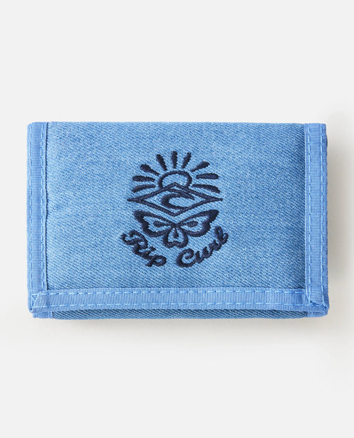 Rip Curl distressed blue denim wallet with embroidered logo, surf accessories