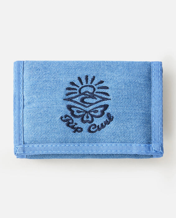 Rip Curl distressed blue denim wallet with embroidered logo, surf accessories